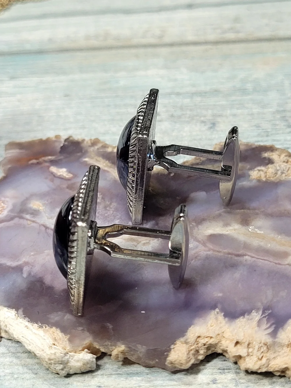 Silver-Tone Black Stone Rectangular Cufflinks - Men Accessories
